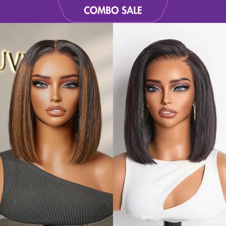 2 For 1 | Brown Highlight Silky Blunt Cut Bob 4*4 Glueless Lace Wig+Silky Blunt Cut Bob Glueless 13x4 HD Lace Front Wig Pre-Cut Lace Flexi-Fit Drawstring Cap-01