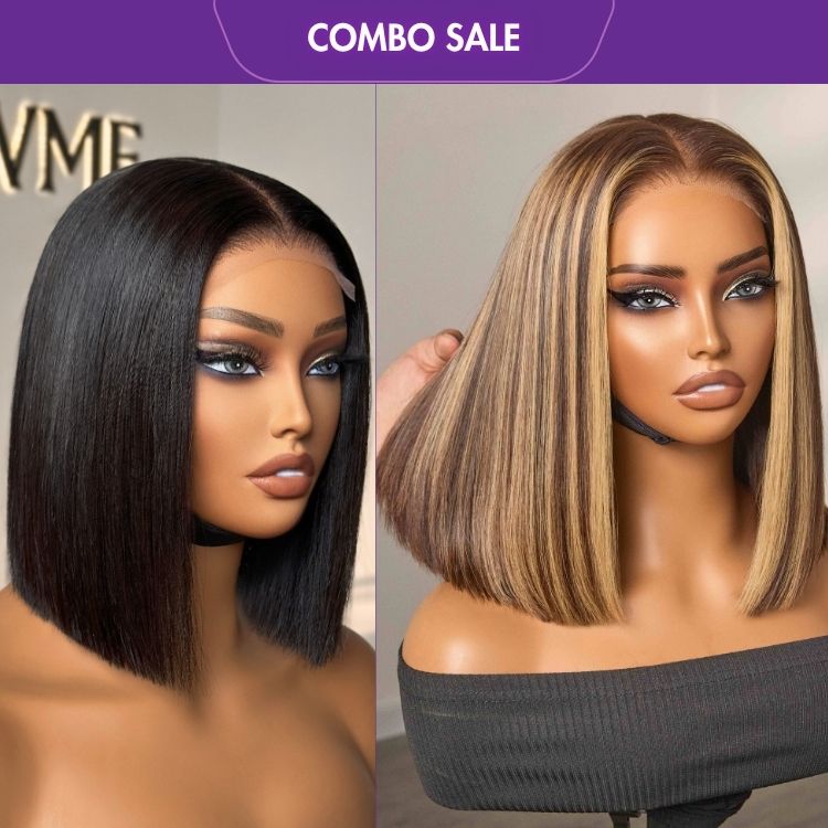 2 For 1 | 4x4 Lace Blunt Cut Bob Wig Bone Straight+Honey Blonde Highlight 200% Density ReadytoGo Super Double Drawn 4x4 Lace Wig-01