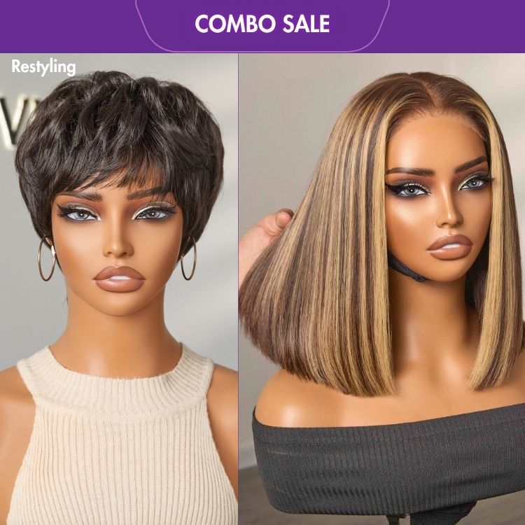 2 For 1 | Hot Pixie Cut Glueless Brazilian Human Hair Wig+Honey Blonde Highlight 200% Density ReadytoGo Super Double Drawn 4x4 Lace Wig-01