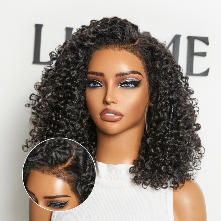 OUTLET | 180% Density 4C Kinky Edges Jet Black Burmese Curly Glueless Ear-to-ear Wide T Pre-Cut Lace Front Wig Flexi-Fit Drawstring Cap-01