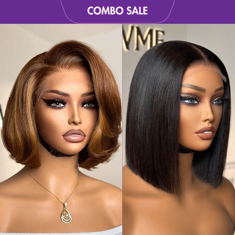 2 For 1 | 4x4 Lace Blunt Cut Bob Wig Bone Straight+Limited Design Toffee Brown Mix Blonde Layered Cut Glueless 5x5 Closure Lace Bob Wig-01