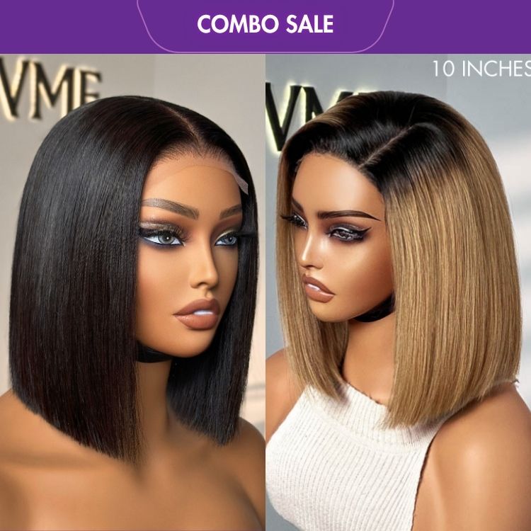 2 For 1 | 4x4 Lace Blunt Cut Bob Wig Bone Straight+Brown Mix Color Glueless 4X4 Closure Lace Wig-01