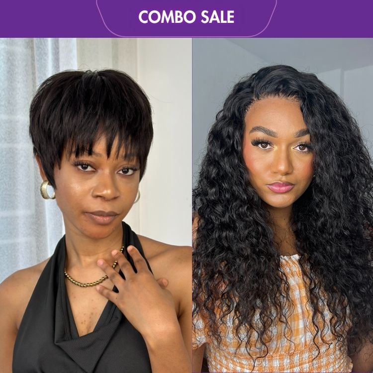 2 For 1 | Hot Pixie Cut Glueless Brazilian Human Hair Wig+Water Wave 360 Lace 16 inches Free Part Long Wig 100% Human Hair-01