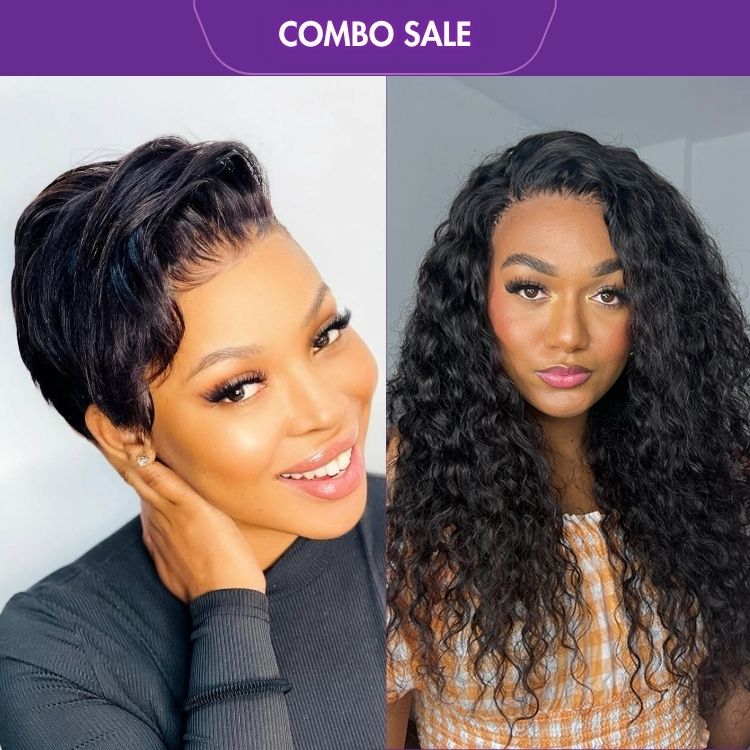 2 For 1 | Super Hot Pixie Cut Glueless HD Lace Wig+Water Wave 360 Lace 16 inches Free Part Long Wig 100% Human Hair-04