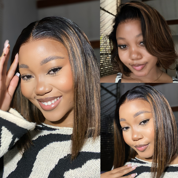 [bonoloo.m]'s Special Link PreMax Wigs | Brown Highlight Silky Blunt Cut Bob Glueless Lace Wig With Pre-Bleached Pre-Plucked Pre-Cut Lace-01