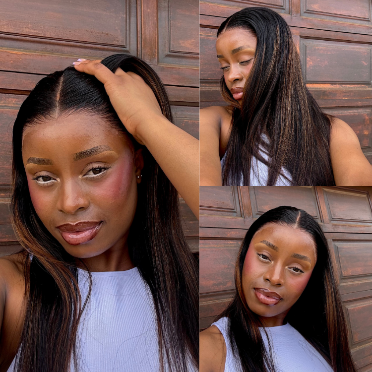 PreMax Wigs | Ultra Natural Hairline Brown Highlight & Natural Black Silky Straight Glueless 13x4 Frontal Lace Long Wig Pre-Cut Lace-01