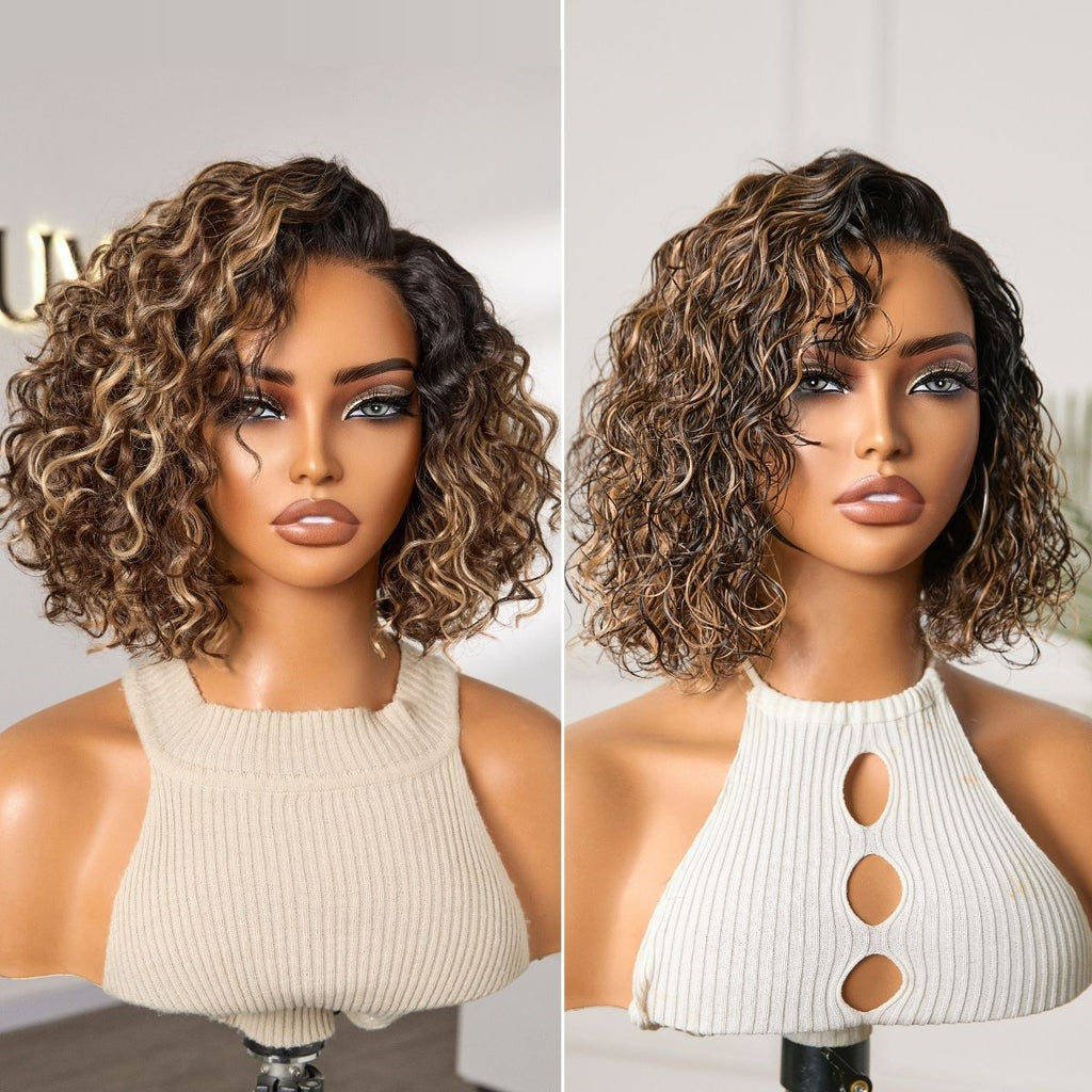 Ready to Go Blonde Highlight / Natural Black Water Wave Short Curly Bob Wig Glueless Minimalist HD Lace Wig Pre-Cut Lace-01