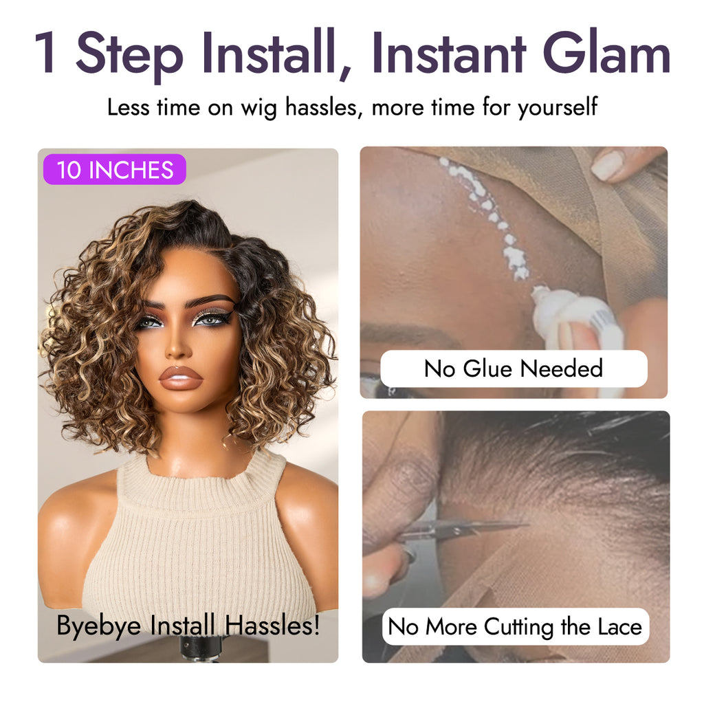 Ready to Go Blonde Highlight / Natural Black Water Wave Short Curly Bob Wig Glueless Minimalist HD Lace Wig Pre-Cut Lace-09