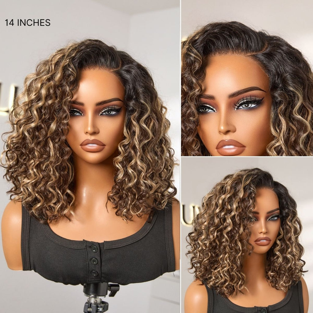 Ready to Go Blonde Highlight / Natural Black Water Wave Short Curly Bob Wig Glueless Minimalist HD Lace Wig Pre-Cut Lace-11
