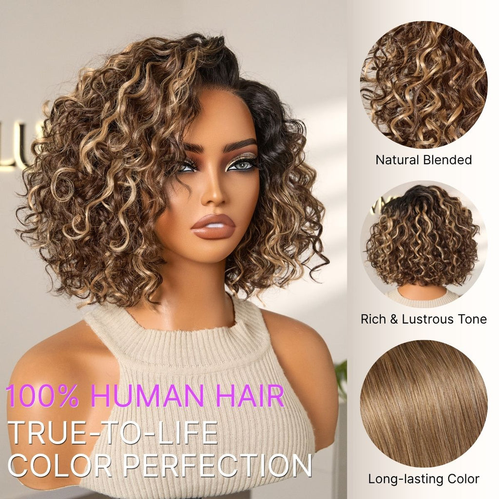 Ready to Go Blonde Highlight / Natural Black Water Wave Short Curly Bob Wig Glueless Minimalist HD Lace Wig Pre-Cut Lace-02