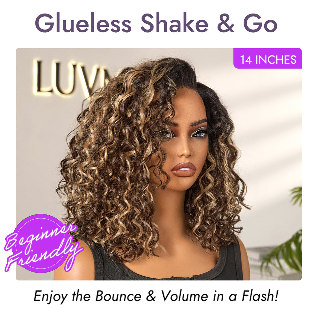 Ready to Go Blonde Highlight / Natural Black Water Wave Short Curly Bob Wig Glueless Minimalist HD Lace Wig Pre-Cut Lace-03