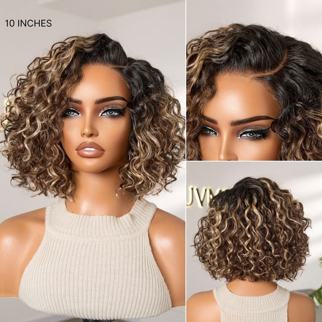 Ready to Go Blonde Highlight / Natural Black Water Wave Short Curly Bob Wig Glueless Minimalist HD Lace Wig Pre-Cut Lace-10