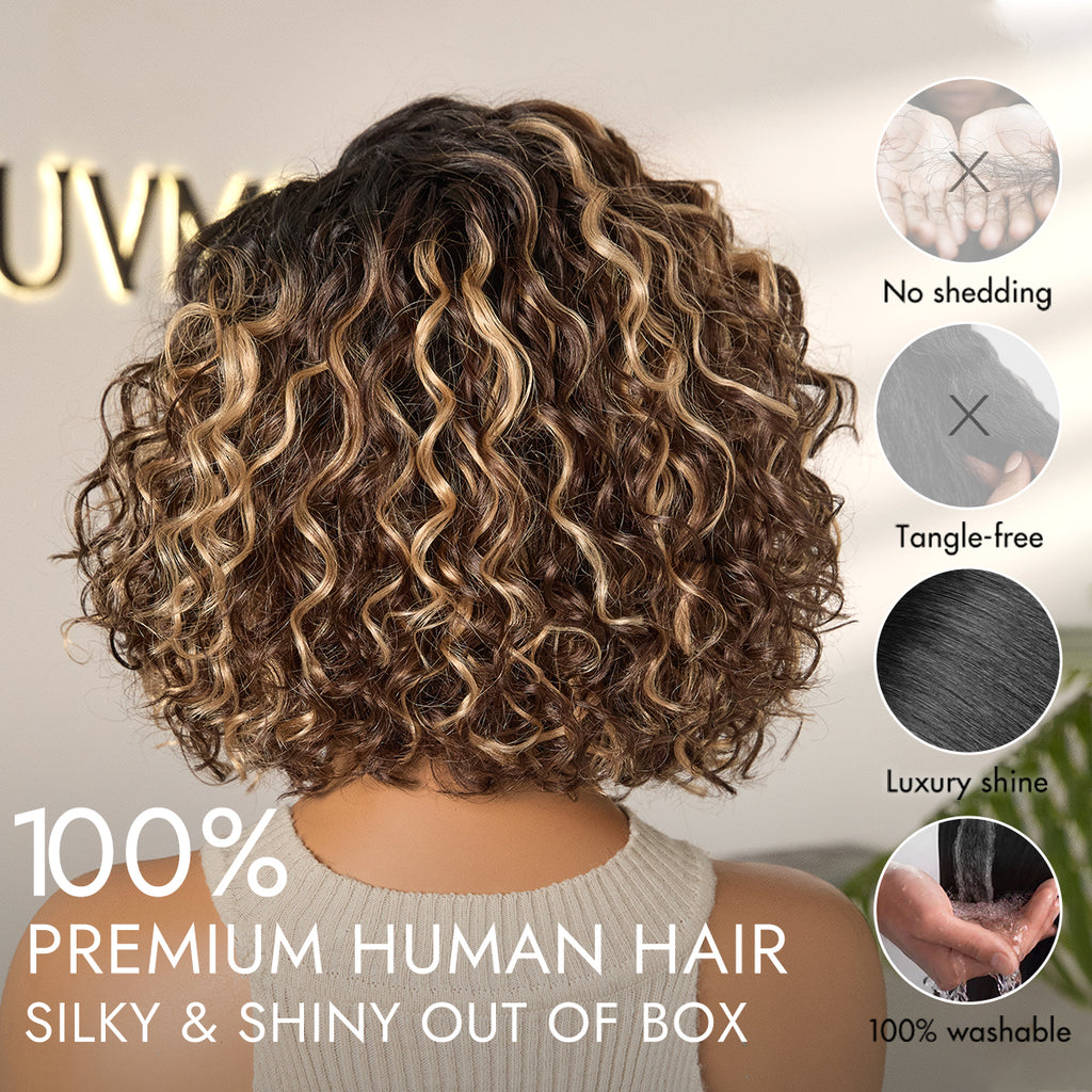 Ready to Go Blonde Highlight / Natural Black Water Wave Short Curly Bob Wig Glueless Minimalist HD Lace Wig Pre-Cut Lace-05