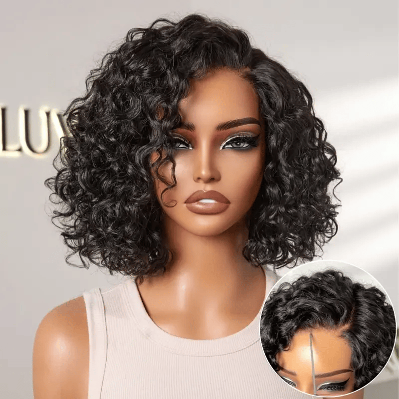 Ready to Go Blonde Highlight / Natural Black Water Wave Short Curly Bob Wig Glueless Minimalist HD Lace Wig Pre-Cut Lace-07