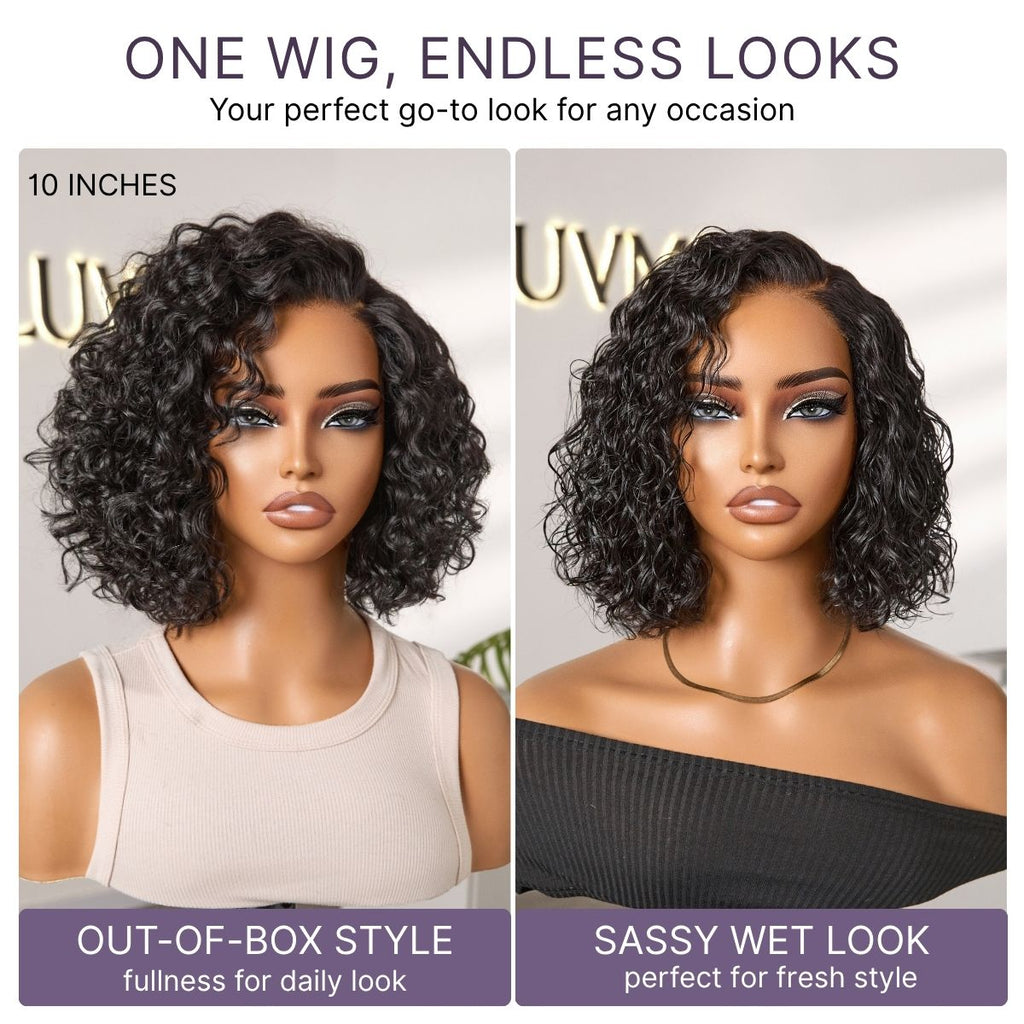 Ready to Go Blonde Highlight / Natural Black Water Wave Short Curly Bob Wig Glueless Minimalist HD Lace Wig Pre-Cut Lace-12