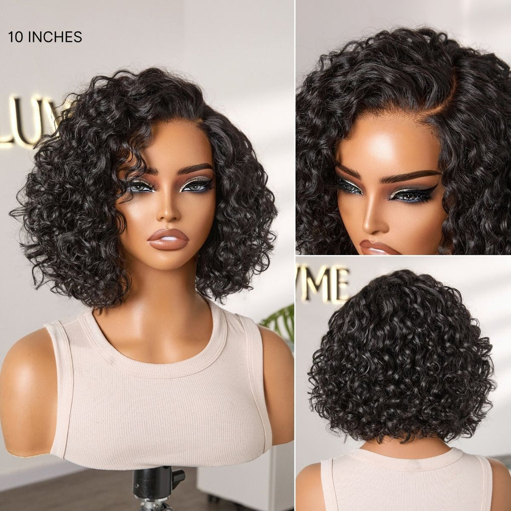 Ready to Go Blonde Highlight / Natural Black Water Wave Short Curly Bob Wig Glueless Minimalist HD Lace Wig Pre-Cut Lace-08