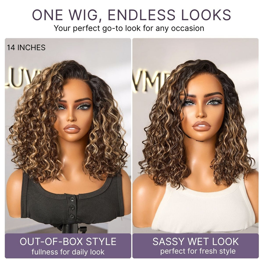 Ready to Go Blonde Highlight / Natural Black Water Wave Short Curly Bob Wig Glueless Minimalist HD Lace Wig Pre-Cut Lace-04