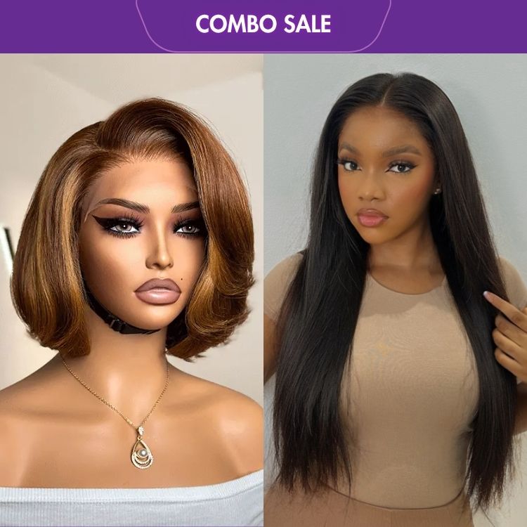 2 For 1 | Limited Design Toffee Brown Mix Blonde Layered Cut Glueless 5x5 Closure Lace Bob Wig+ 13x4 Frontal Lace Glueless Long Wig 100% Human Hair-01