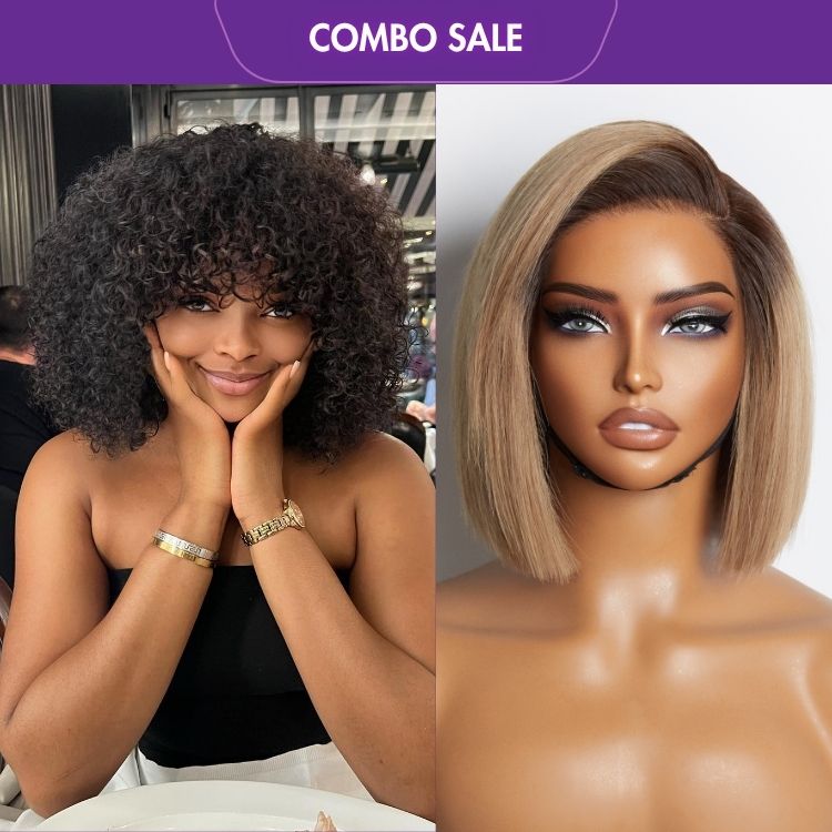 2 For 1 | Deep Wave Glueless Curly Wig No Lace with Bangs + Ash Blonde Blunt Cut Straight Bob Minimalist HD Lace Glueless C Part Wig-01