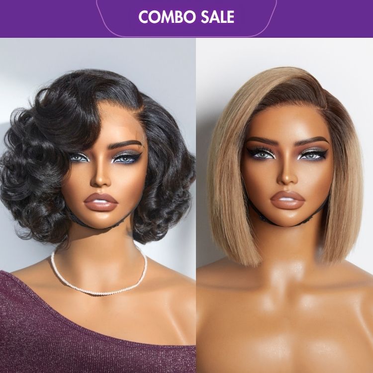 2 For 1 | Natural Black Loose Wave HD Lace Glueless C Part Wig+Ash Blonde Blunt Cut Straight Bob HD Lace Glueless C Part Wig-06