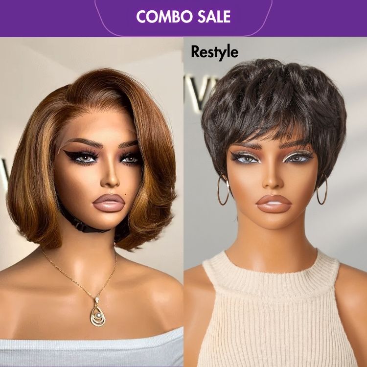 2 For 1 | Limited Design Toffee Brown Mix Blonde Layered Cut Glueless 5x5 Closure Lace Bob Wig+ Hot Pixie Cut Glueless Wig with Bangs-01