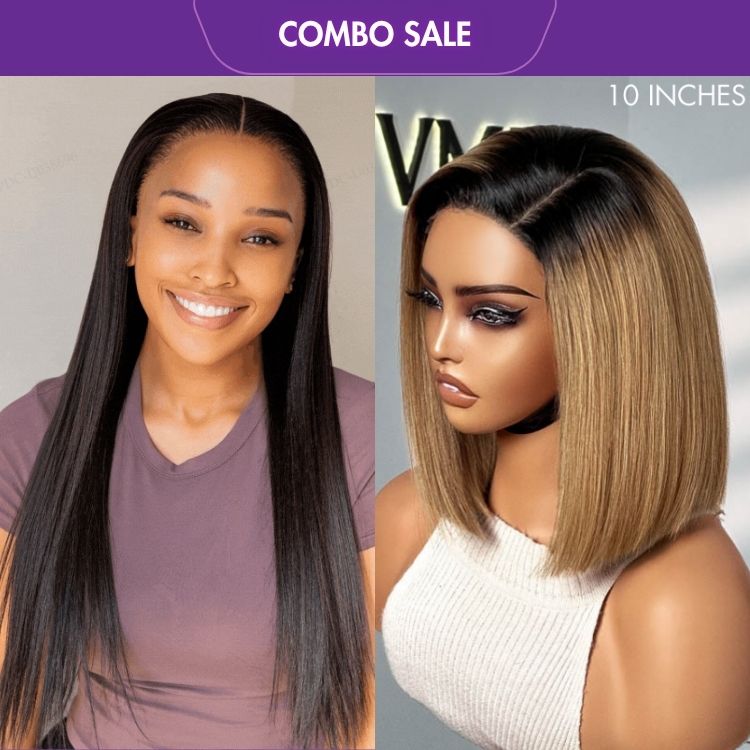 2 For 1 | Silk Straight Glueless 13x4 Frontal Lace Wig Middle Part + Brown Mix Color Glueless 4X4 Closure Lace Wig-04