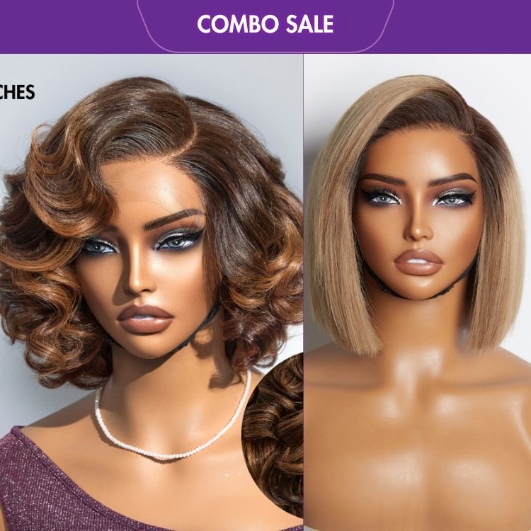 2 For 1 | Brown Ombre Highlight Loose Wave HD Lace Glueless C Part Wig+Ash Blonde Blunt Cut Straight Bob HD Lace Glueless C Part Wig-06