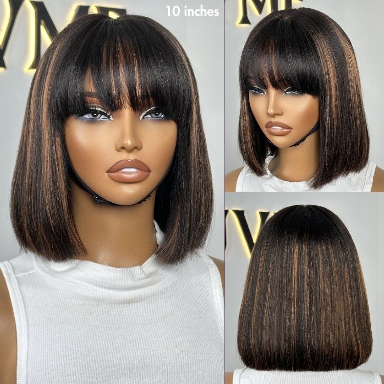 Worth | Brown Highlight Glueless Yaki Straight Bob with Bangs Minimalist Lace Bob Wig Put on & Go-01