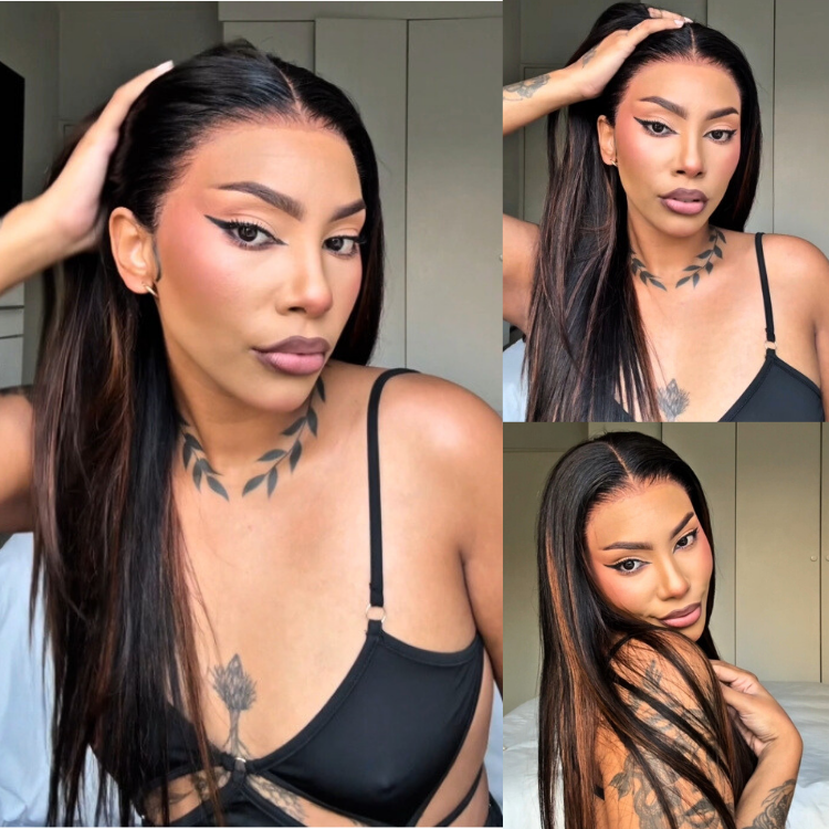 [kaylz_dupont]'s Special Link PreMax Wigs | Ultra Natural Hairline Brown Highlight & Natural Black Silky Straight Glueless 13x4 Frontal Lace Long Wig Pre-Cut Lace-01