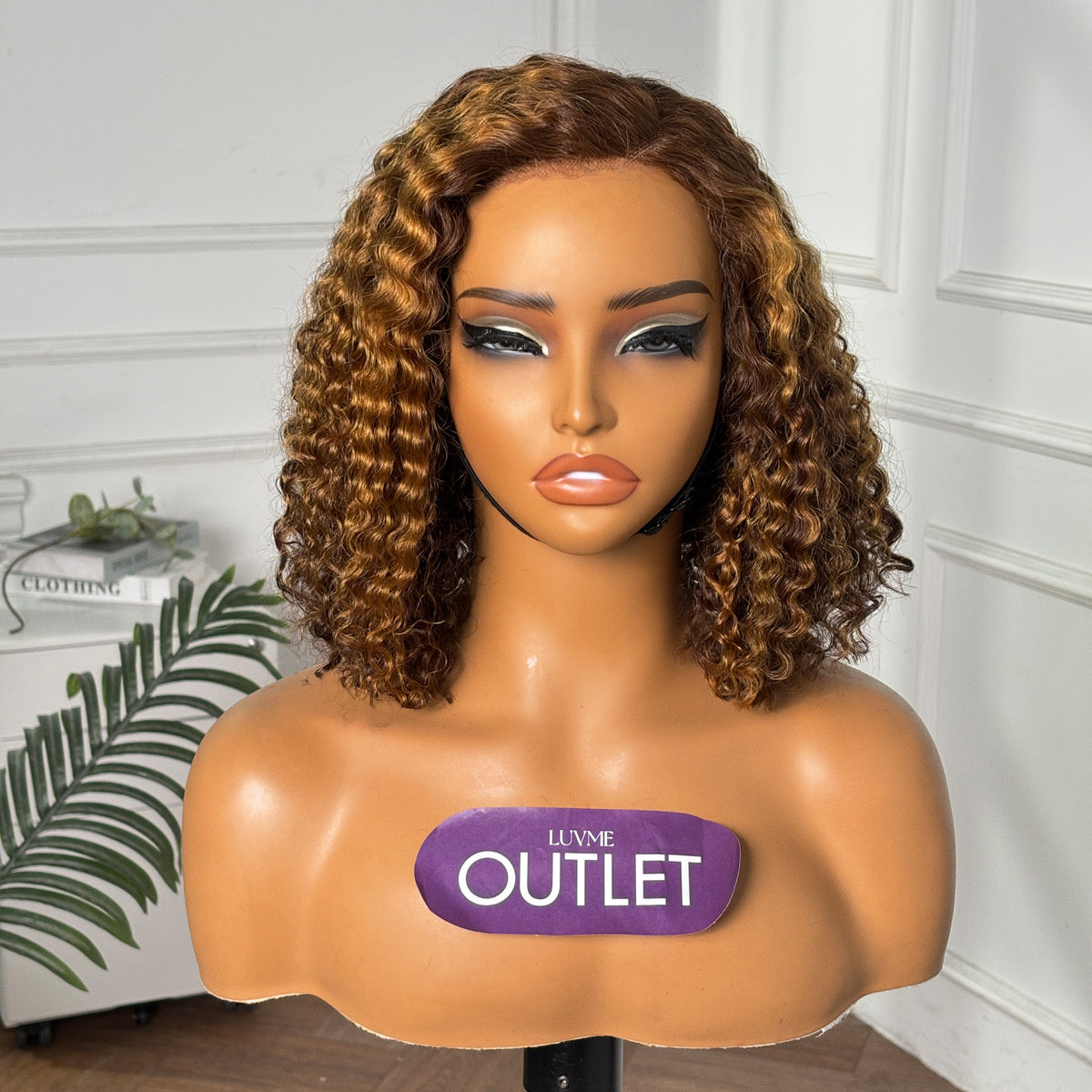 Outlet | Mix Color Brown Curly Bob Wig 13x4 Lace Front Short Wig Pre-cut Lace-01