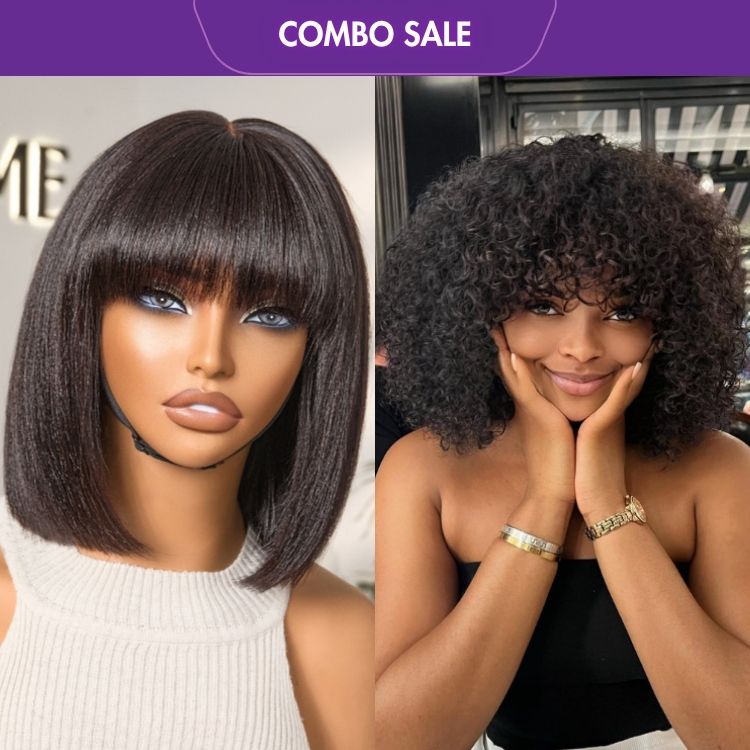 2 For 1 | Glueless Yaki Straight Bob with Bangs Minimalist Lace Wig+Natural Black No Lace Curly Wig With Bang-01
