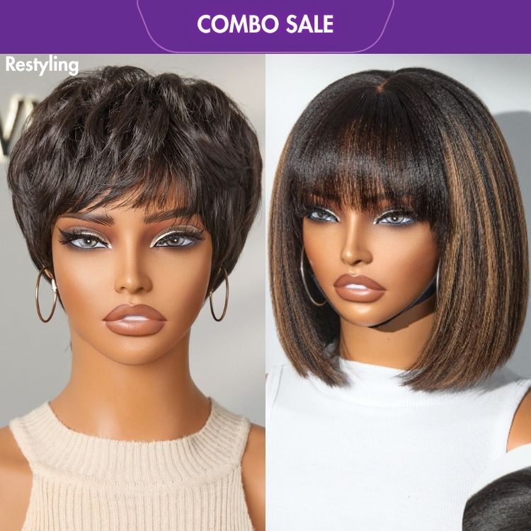 2 For 1 | Brown Highlight Yaki Bob with Bangs Glueless Minimalist Lace Wig Breathable Cap + Hot Pixie Cut Glueless Wig with Bangs-04