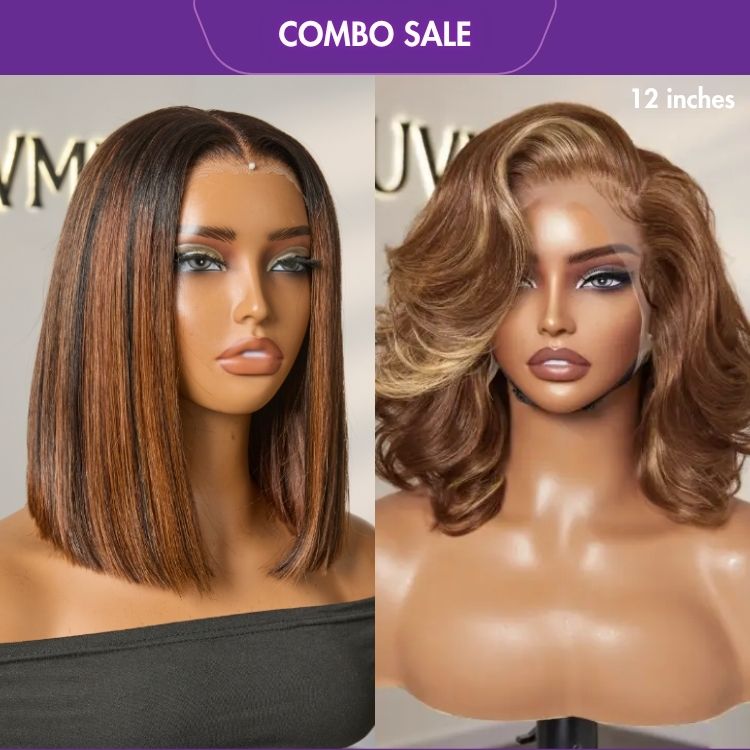2 For 1 | Brown Highlight 5x5 Closure Lace Bob Wig+Honey Blonde Highlight Bouncy Loose Body Wave Glueless 13x4 Frontal Lace Wig-01
