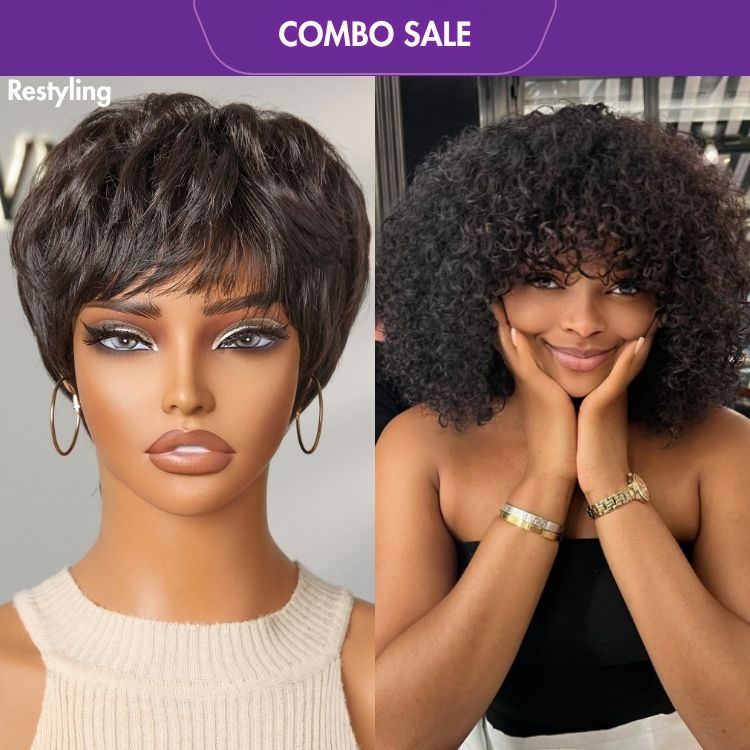 2 For 1 | Hot Pixie Cut Glueless Brazilian Human Hair No Lace Wig + Natural Black No Lace Curly Wig With Bang-01