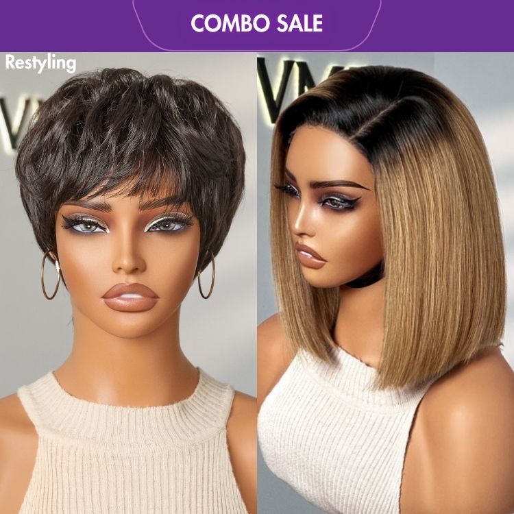 2 For 1 | Hot Pixie Cut Glueless Brazilian Human Hair No Lace Wig + Brown Mix Color Glueless 4X4 Closure Lace Wig-01