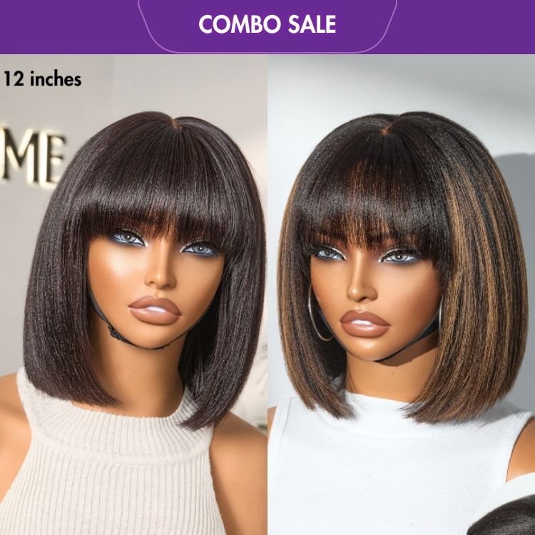 2 For 1 | Brown Highlight Yaki Bob with Bangs Glueless Minimalist Lace Wig Breathable Cap + Glueless Yaki Straight Bob with Bangs Minimalist Lace Wig-01