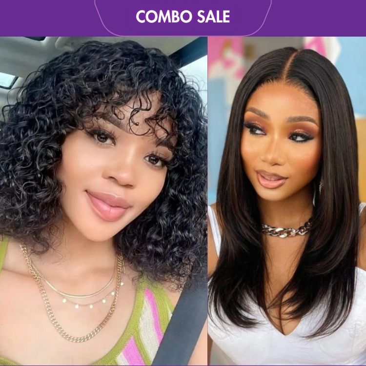 2 For 1 | Water Wave Minimalist Lace Glueless Short Curly Wig+Silky Straight 5x5 Undetectable Invisible Lace Glueless Closure Lace Wig-01