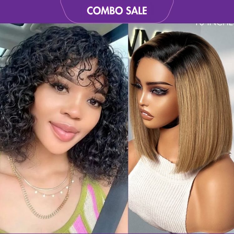 2 For 1 | Natural Color Water Wave Glueless Curly Wig + Brown Mix Color Glueless 4X4 Closure Lace Wig-01