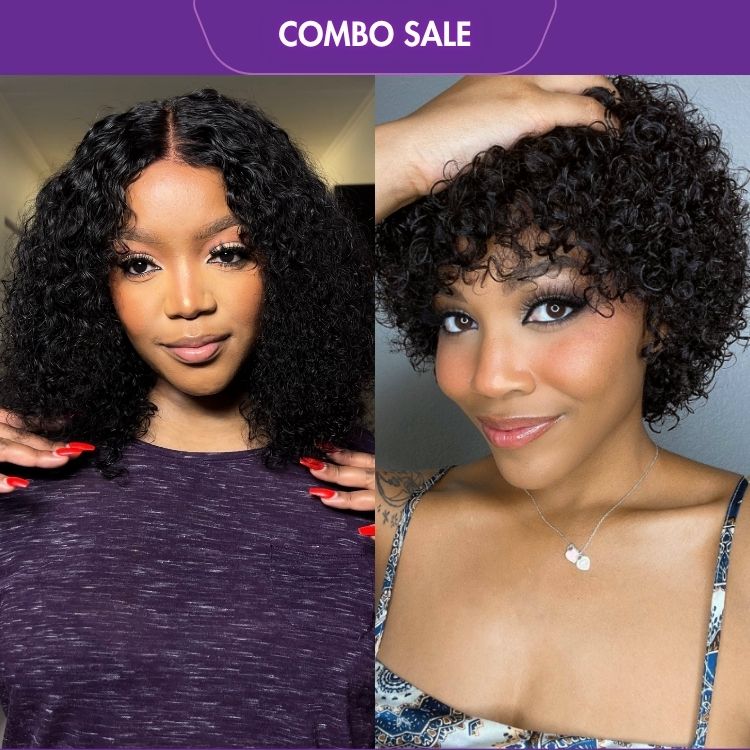 2 For 1 | Deep Curl Bob Glueless 4x4 Closure Lace Wig+Natural Lightweight Bouncy Glueless Wig With Bangs-06
