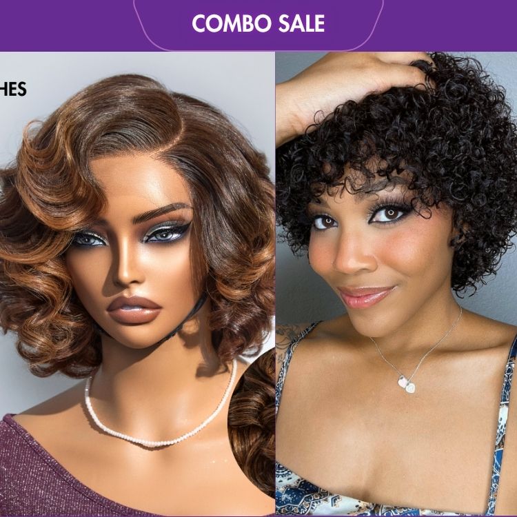 2 For 1 | Brown Ombre Highlight Loose Wave HD Lace Glueless C Part Wig + Ultra Natural Lightweight Bouncy Glueless Wig With Bangs-05