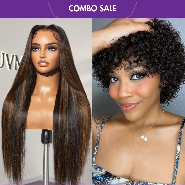 2 For 1 | Brown Highlight Silky Straight Glueless 13x4 Frontal Lace Long Wig+Ultra Natural Lightweight Bouncy Glueless Wig With Bangs-05