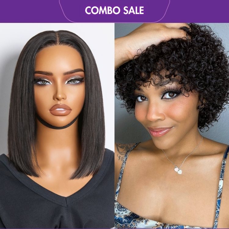 2 For 1 |  Silky Straight Glueless 4x4 Closure Lace Wig Middle Part + Natural Lightweight Bouncy Glueless Wig With Bangs-06