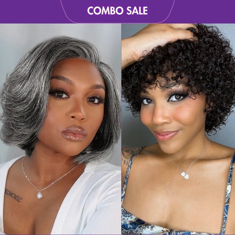 2 For 1 | Bouncy Glueless Wig With Bangs+ Layered Bob Glueless Pre-Cut Minimalist Lace Grey Wig-07