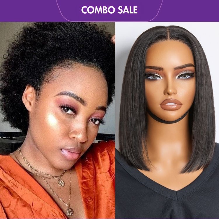 2 For 1 |  Silky Straight Glueless 4x4 Closure Lace Wig Middle Part + Natural Afro Glueless Wig-06