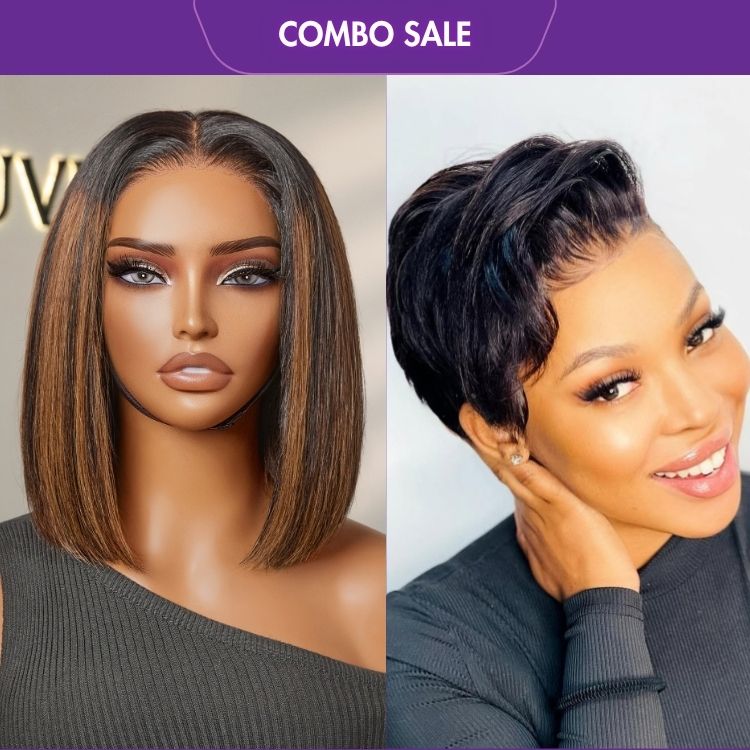 2 For 1 | Super Hot Pixie Cut Glueless HD Lace Wig+Brown Highlight Silky Blunt Cut Bob Glueless Lace Wig-05