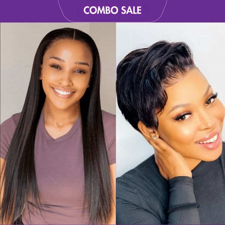 2 For 1 | Silk Straight Glueless 13x4 Frontal Lace Wig Middle Part + Super Hot Pixie Cut Glueless HD Lace Wig-06