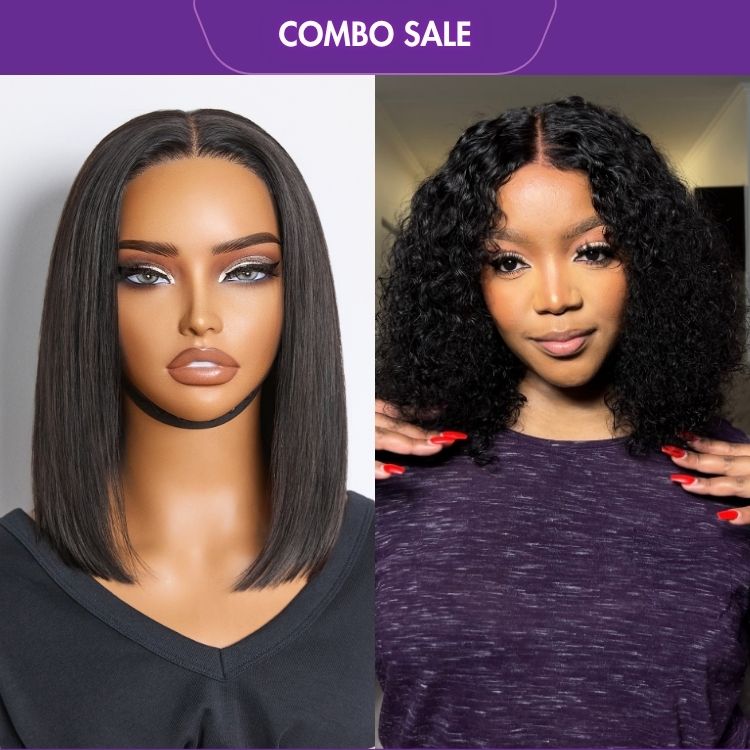 2 For 1 | Deep Curl Bob Glueless 4x4 Closure Lace Wig+Silky Straight Glueless 4x4 Closure Lace Wig Middle Part-06