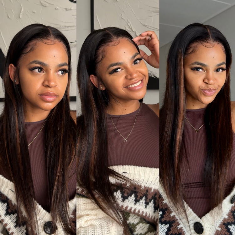[tshego_chale]'s Special Link PreMax Wigs | Ultra Natural Hairline Brown Highlight & Natural Black Silky Straight Glueless 13x4 Frontal Lace Long Wig Pre-Cut Lace-01