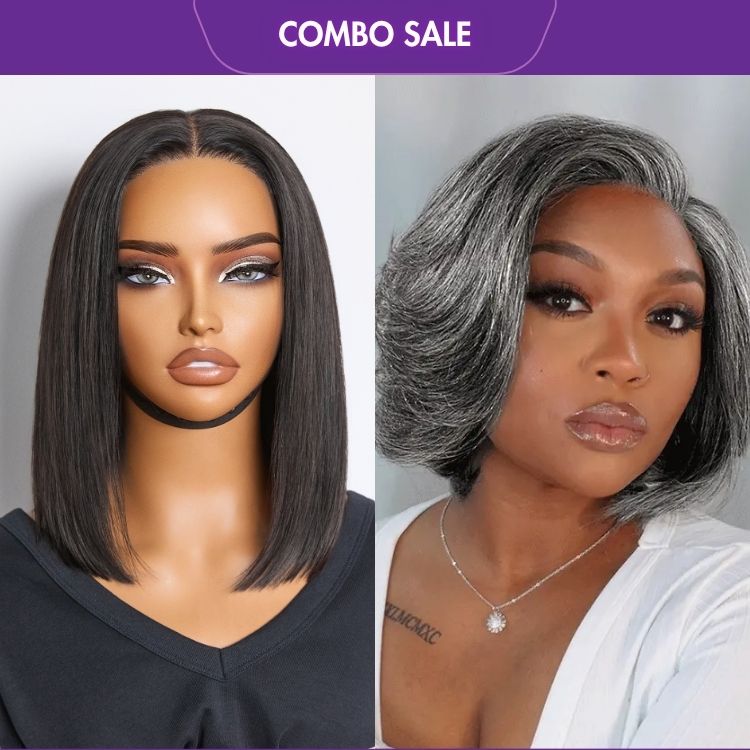 2 For 1 | Silky Straight Glueless 4x4 Closure Lace Wig Middle Part+ Layered Bob Glueless Pre-Cut Minimalist Lace Grey Wig-06