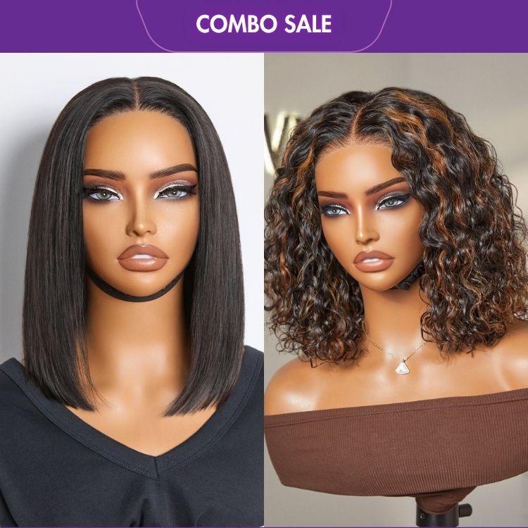 2 For 1 | Silky Straight Glueless 4x4 Closure Lace Wig Middle Part+ Deep Wave 4x4 Closure Lace Wig Middle Part-09